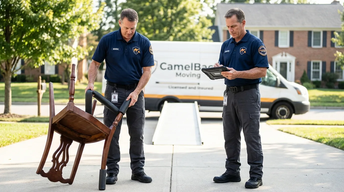 Movers inspecting furniture for damage prevention before loading in Vinita, OK