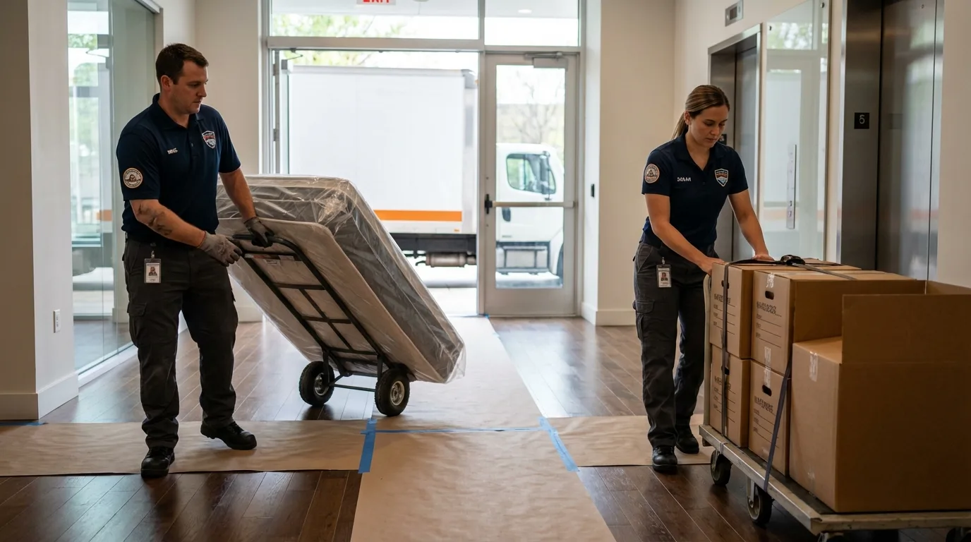 Professional apartment movers loading elevator in Vinita, OK